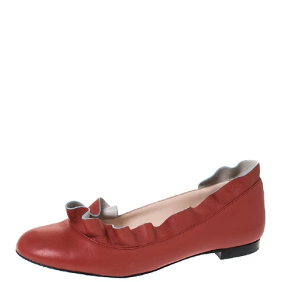 Pre-owned Fendi Brick Red Leather Ruffle Ballet Flats Size 40
