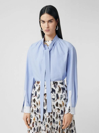 Shop Burberry Cotton Oxford Oversized Tie-neck Shirt In Pale Blue
