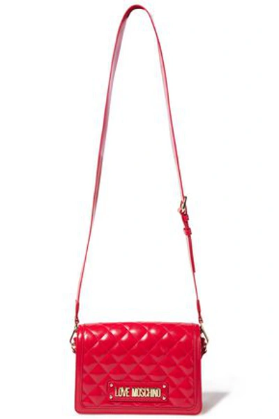 Shop Love Moschino Quilted Faux Glossed-leather Shoulder Bag In Red