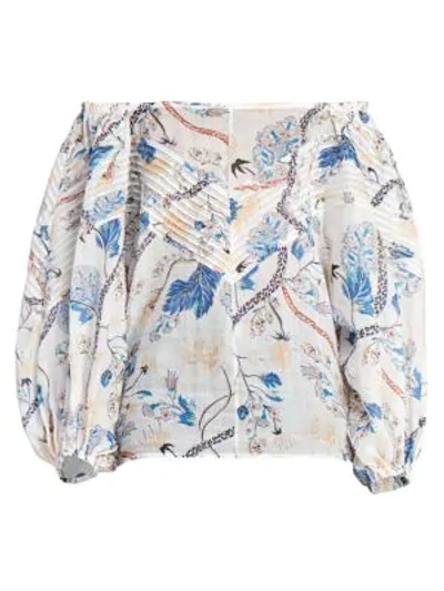 Shop Chloé Off-the-shoulder Floral Ramie Blouse In White Pink