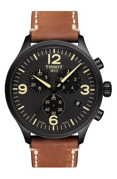 Shop Tissot Chrono Xl Leather Strap Chronograph Watch, 45mm In Brown/ Black