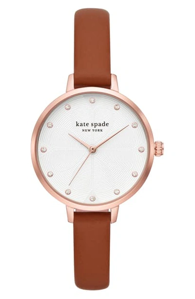 Shop Kate Spade Metro Leather Strap Watch, 34mm In Brown/ White/ Rose Gold