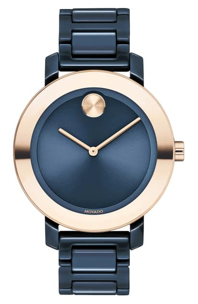 Shop Movado Bold Evolution Bracelet Watch, 36mm In Navy/ Rose Gold