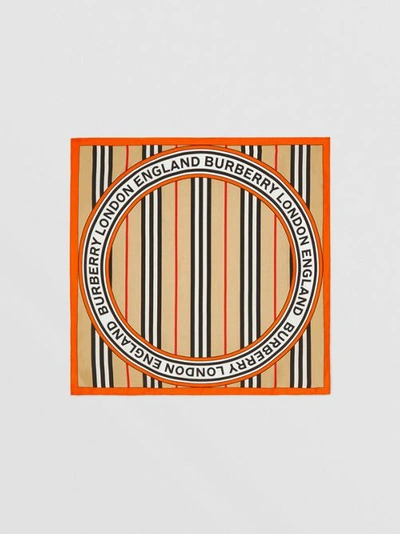 Shop Burberry Icon Stripe And Logo Graphic Silk Small Square Scarf In Archive Beige