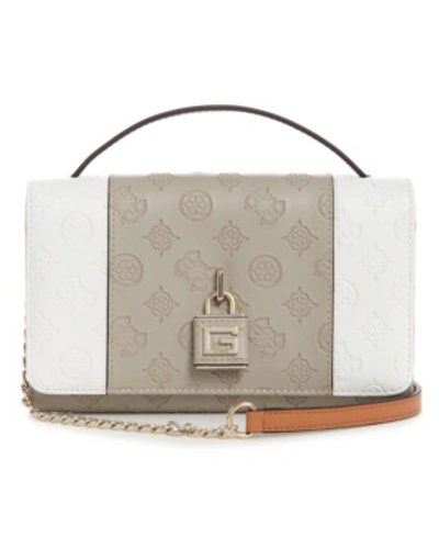 Shop Guess Kamryn Wallet Crossbody In Taupe Multi/gold