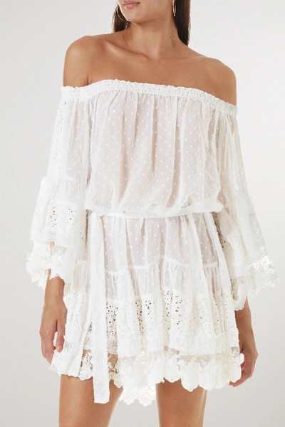 Shop Melissa Odabash Alice Off-the-shoulder Lace And Crochet-trimmed Swiss-dot Chiffon Mini Dress In White
