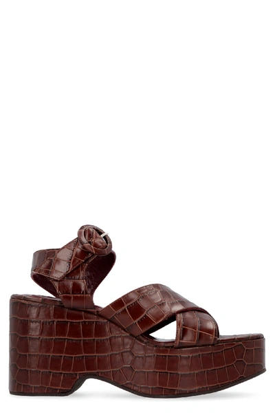 Shop Staud Jane Leather Wedge Sandals In Brown