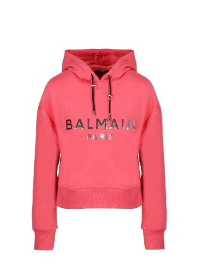 Shop Balmain Mirrored Logo Cropped Hoodie In Pink & Purple