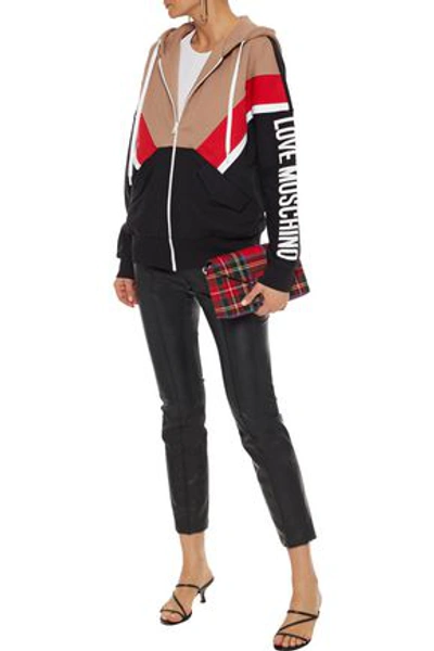 Shop Love Moschino Color-block Printed French Cotton-blend Terry Hoodie In Tan