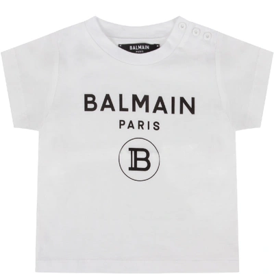 Shop Balmain White Babykids T-shirt With Black Double Logo