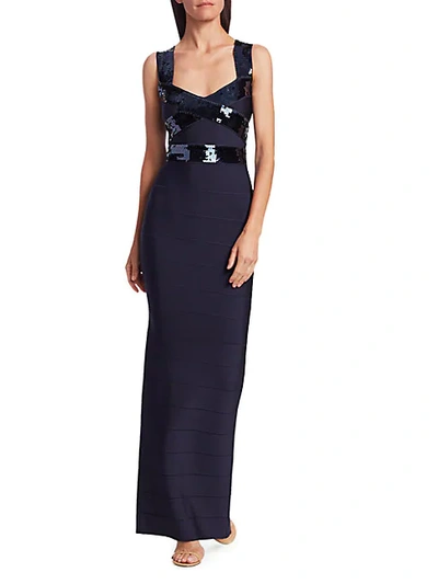 Shop Herve Leger Sequin Criss Cross Column Gown In Dark Navy