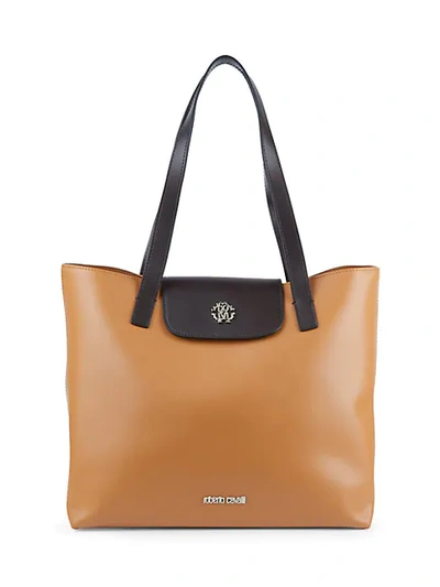 Shop Roberto Cavalli Colorblock Leather Flap Tote In Brown