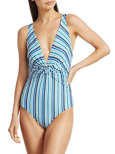 Shop Jonathan Simkhai Metallic Striped One-piece Swimsuit In Blue Stripe