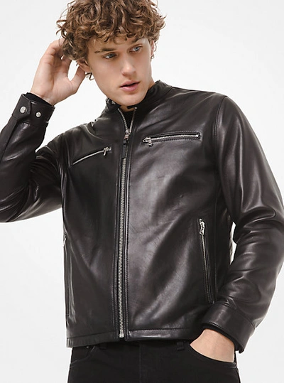 Shop Michael Kors Leather Moto Jacket In Black