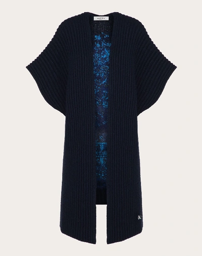 Shop Valentino Embroidered Cashmere Wool Poncho In Navy