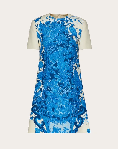 Shop Valentino Short Printed Crepe Couture Dress In Ivory/blue