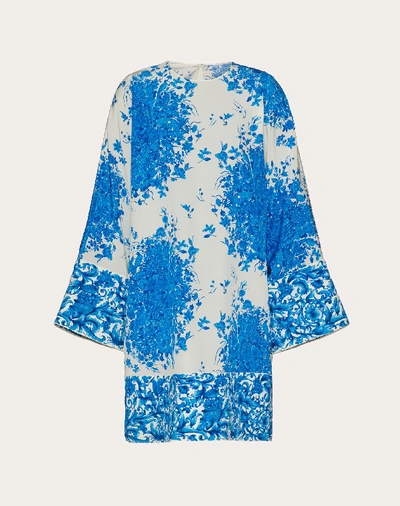 Shop Valentino Printed Crepe De Chine Dress In Ivory/blue