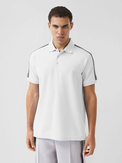 Shop Burberry Logo Tape Cotton Piqué Polo Shirt In White