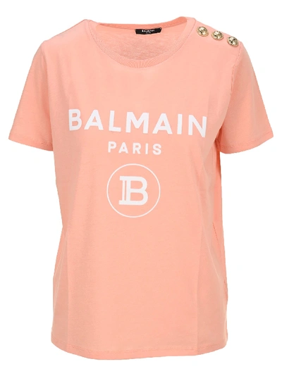Shop Balmain Printed Logo T-shirt In Rose/blanc