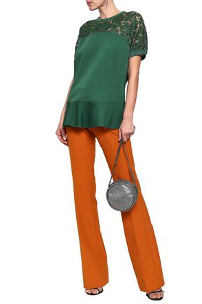 Shop Valentino Corded Lace-paneled Stretch-knit Peplum Top In Emerald