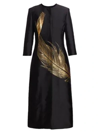 Shop Oscar De La Renta Metallic Feather Silk-blend Collarless Jacket In Black Gold