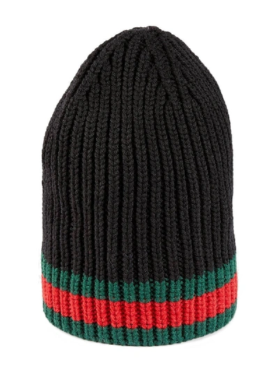 Shop Gucci Wool Beanie With Web In Black
