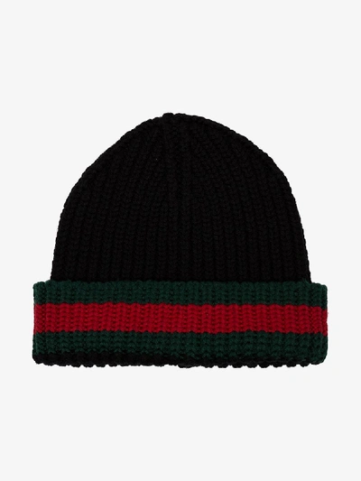 Shop Gucci Wool Beanie With Web In Black