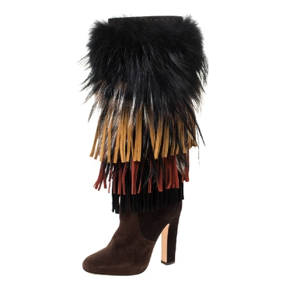 Pre-owned Jimmy Choo Brown Suede And Fox Fur Trimmed Dalia Knee High Boots Size 38.5