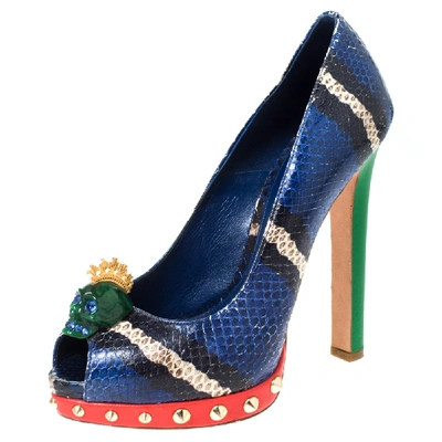 Pre-owned Alexander Mcqueen Multicolor Python Leather Crystal Skull Peep Toe Pumps Size 37.5