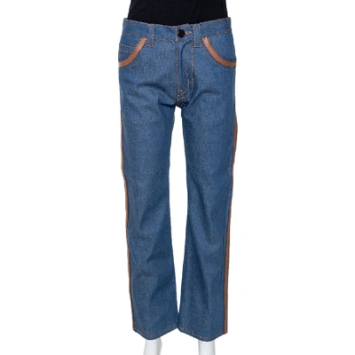 Pre-owned Prada Blue Denim Leather Trim Straight Leg Jeans S