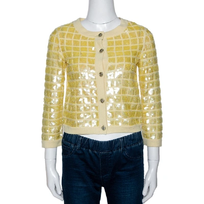 Pre-owned Chanel Yellow Sequined Cashmere Button Front Cardigan S