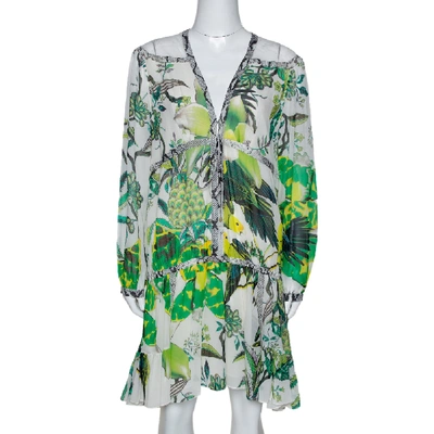 Pre-owned Roberto Cavalli Green Tropical Parrot Print Silk Gathered Dress M