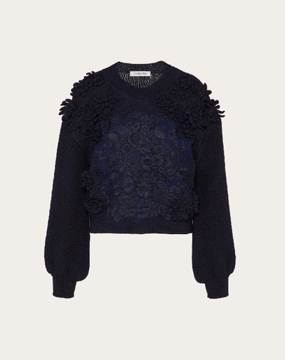Shop Valentino Embroidered Wool Sweater In Navy