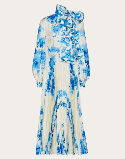 Shop Valentino Printed Twill Dress In Ivory/blue