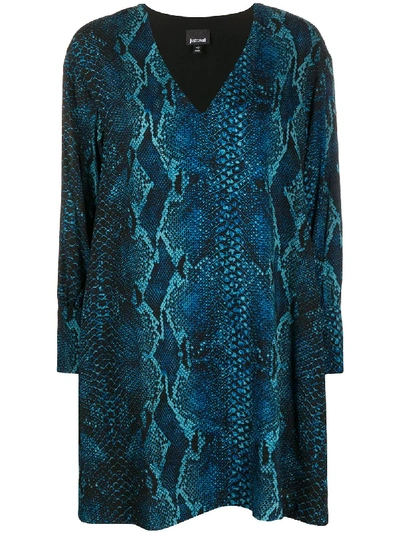 Shop Just Cavalli Snakeskin Print V-neck Dress In Blue