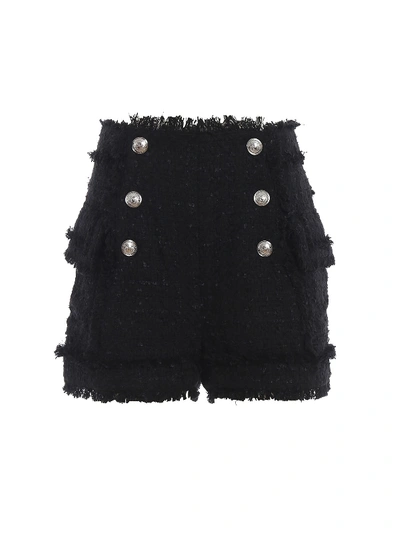 Shop Balmain High Rise Black Tweed Shorts