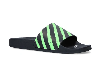Pre-owned Off-white  Diagonal Stripe Slides Neon Green In Green/black