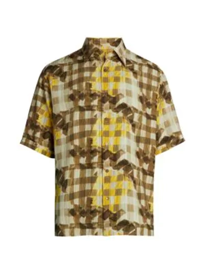 Shop Fendi Grid Print Viscose Shirt In Yellow