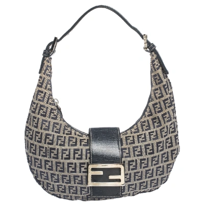 Pre-owned Fendi Navy Blue Zucchino Canvas And Leather Flap Hobo
