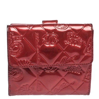 Pre-owned Chanel Red Embossed Quilted Patent Leather French Wallet