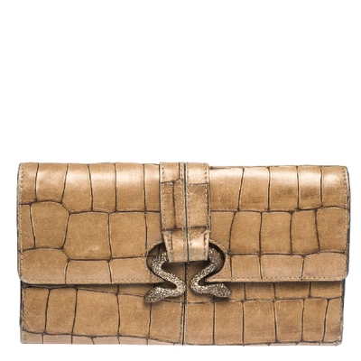 Pre-owned Roberto Cavalli Caramel Brown Crocodile Embossed Leather Double Snake Flap Wallet