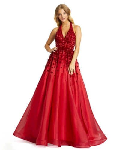 Shop Mac Duggal Halter 3d Floral Ballgown In Ruby Red