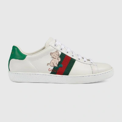 Shop Gucci Women's Ace Sneaker With Kitten In White Leather