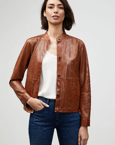 Shop Lafayette 148 Lacquered Lambskin Perforated Becker Bomber Jacket In Brown