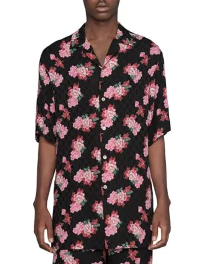 Shop Gucci Men's Peony Print Silk Bowling Shirt In Black