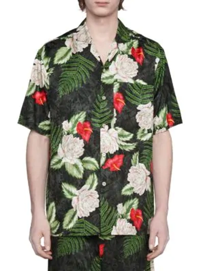 Shop Gucci Men's Hawaiian Printed Silk-blend Bowling Shirt In Black Green