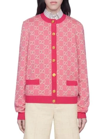 Shop Gucci Women's Gg Cotton Wool Piquet Cardigan In Fuchsia Ivory