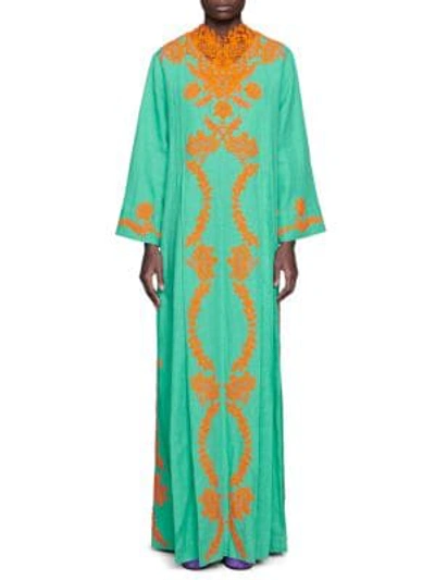 Shop Gucci Linen Long Kaftan Dress With Lace In Orange