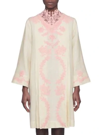 Shop Gucci Linen Short Kaftan Dress With Lace In White Pink