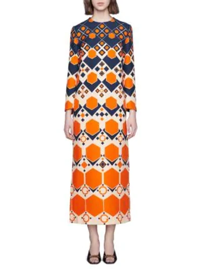 Shop Gucci Gg Hexagon Print Wool Silk Long Dress In Aqua